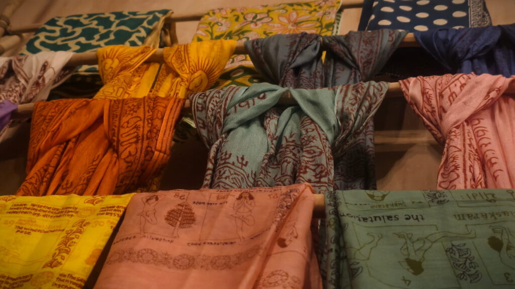 Display of Indian Scarves Sarongs at Good Karma Shop Yoga 108